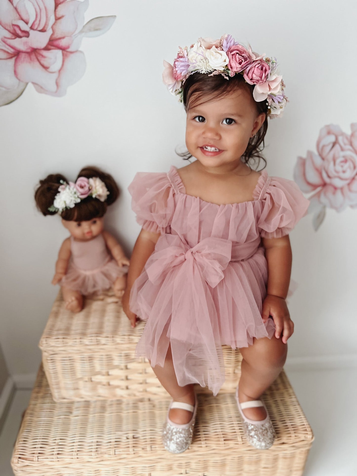 Dusty Rose Flower Fairy Baby Girl Pink Tulle Romper