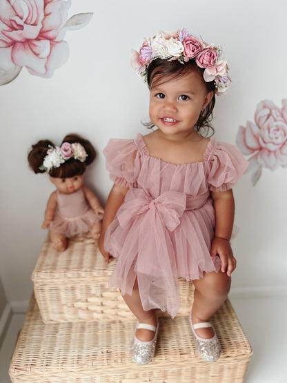 Dusty Rose Flower Fairy Baby Girl Pink Tulle Romper