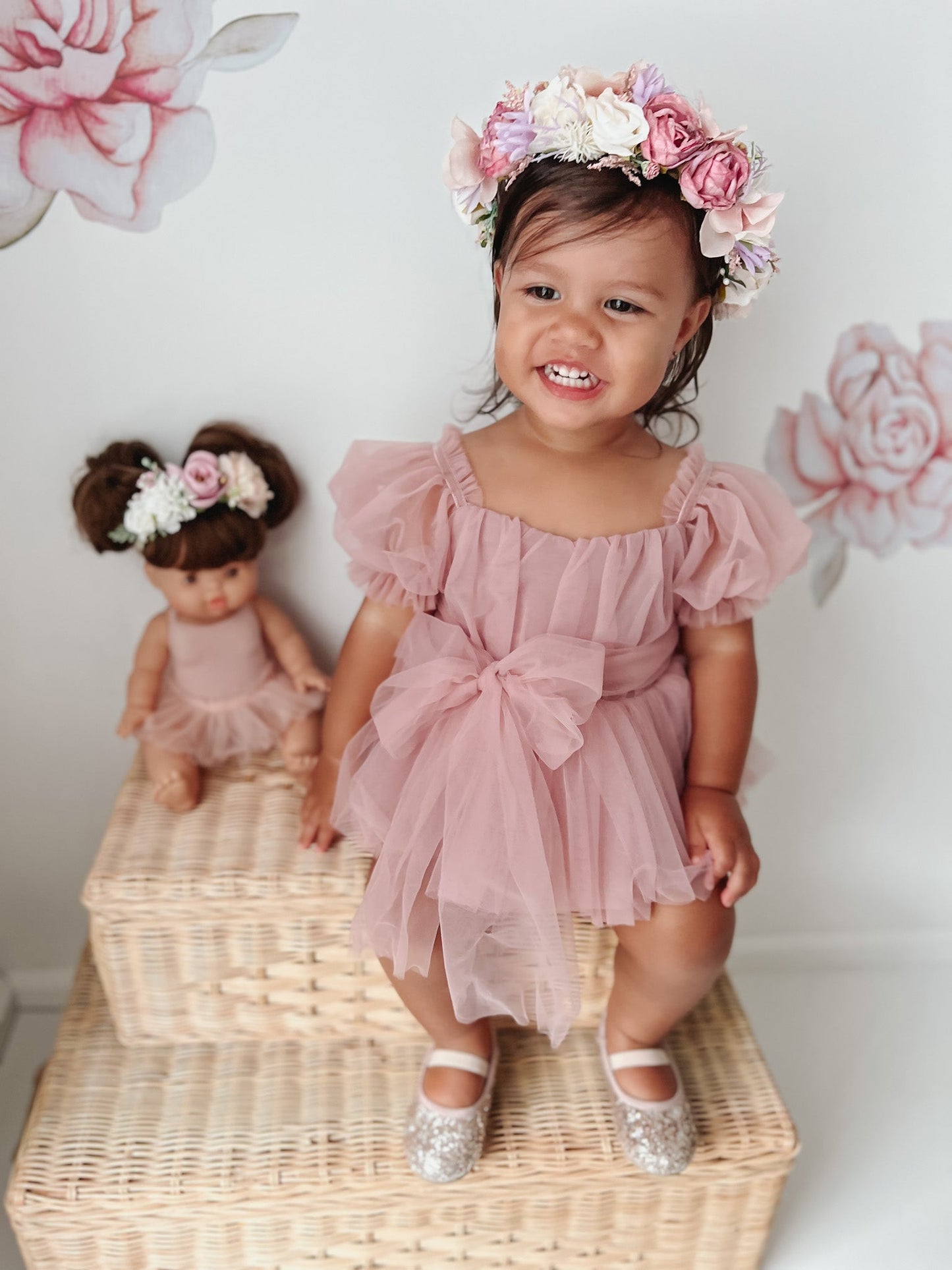 Dusty Rose Flower Fairy Baby Girl Pink Tulle Romper