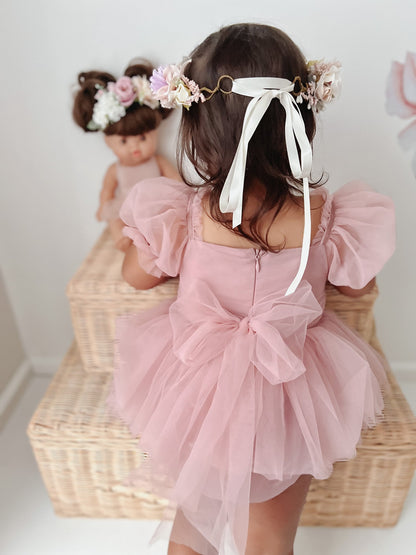 Dusty Rose Flower Fairy Baby Girl Pink Tulle Romper