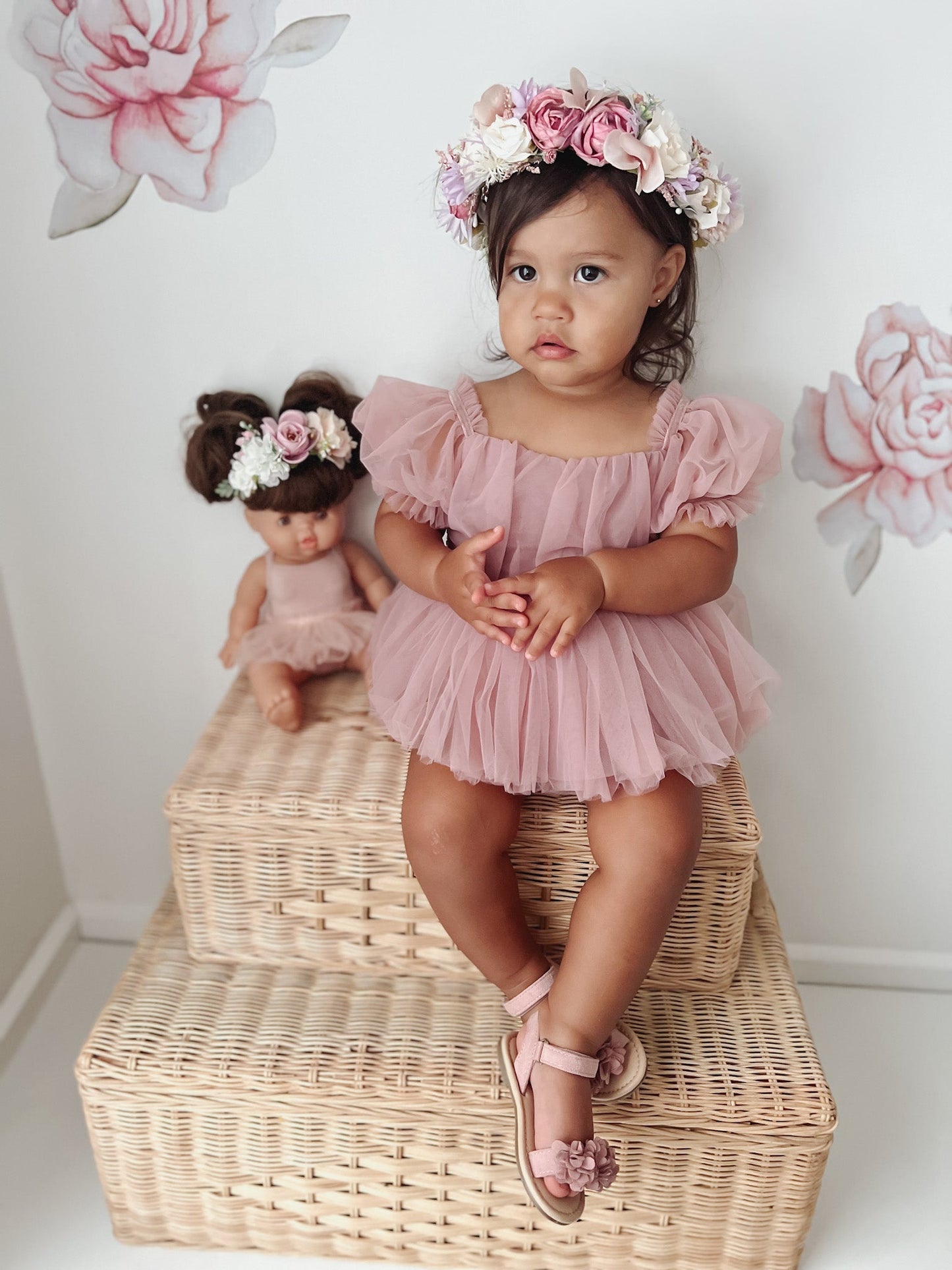 Dusty Rose Flower Fairy Baby Girl Pink Tulle Romper