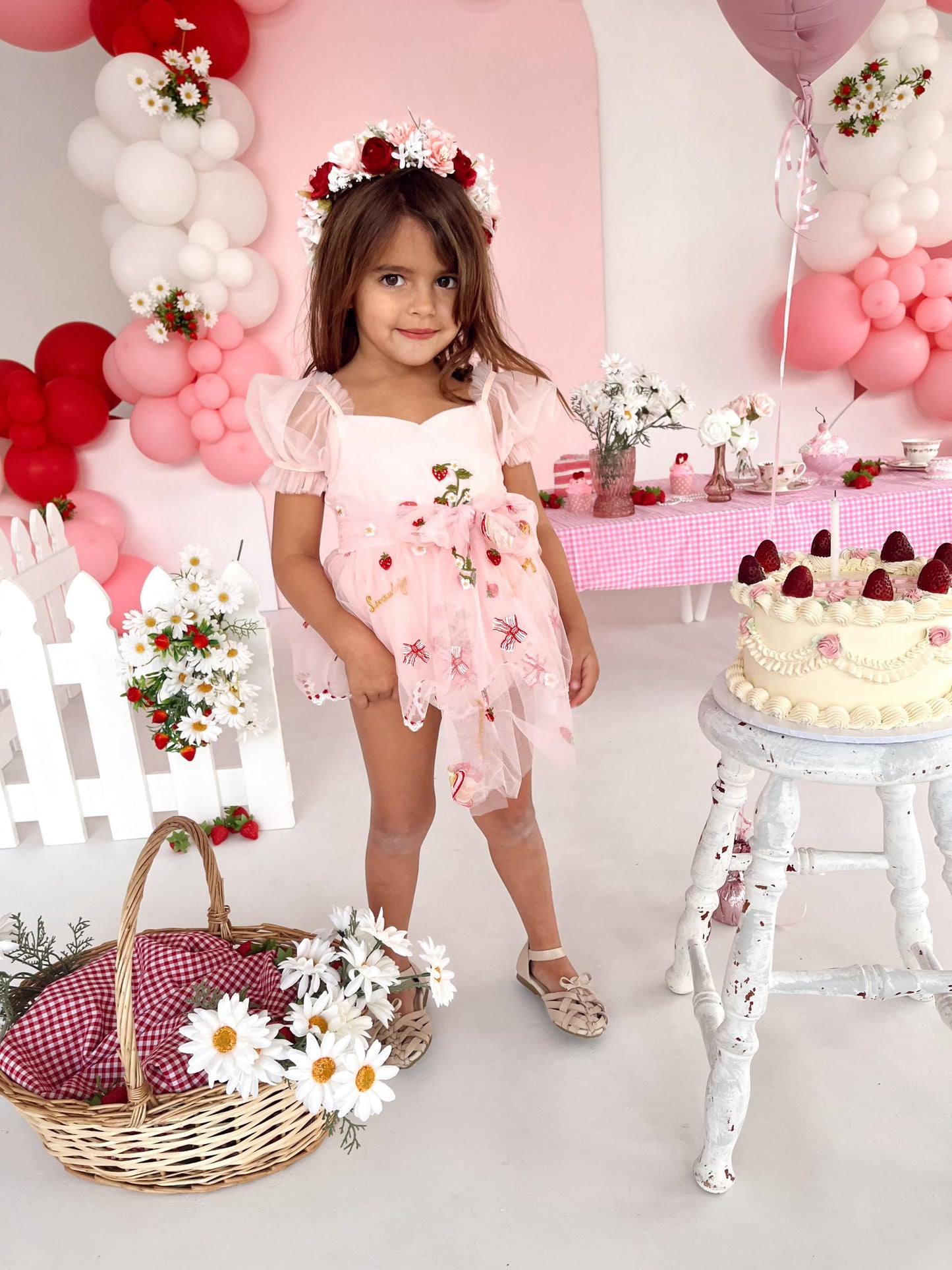 Strawberry Fields Pink Baby Girl Tulle Party Romper