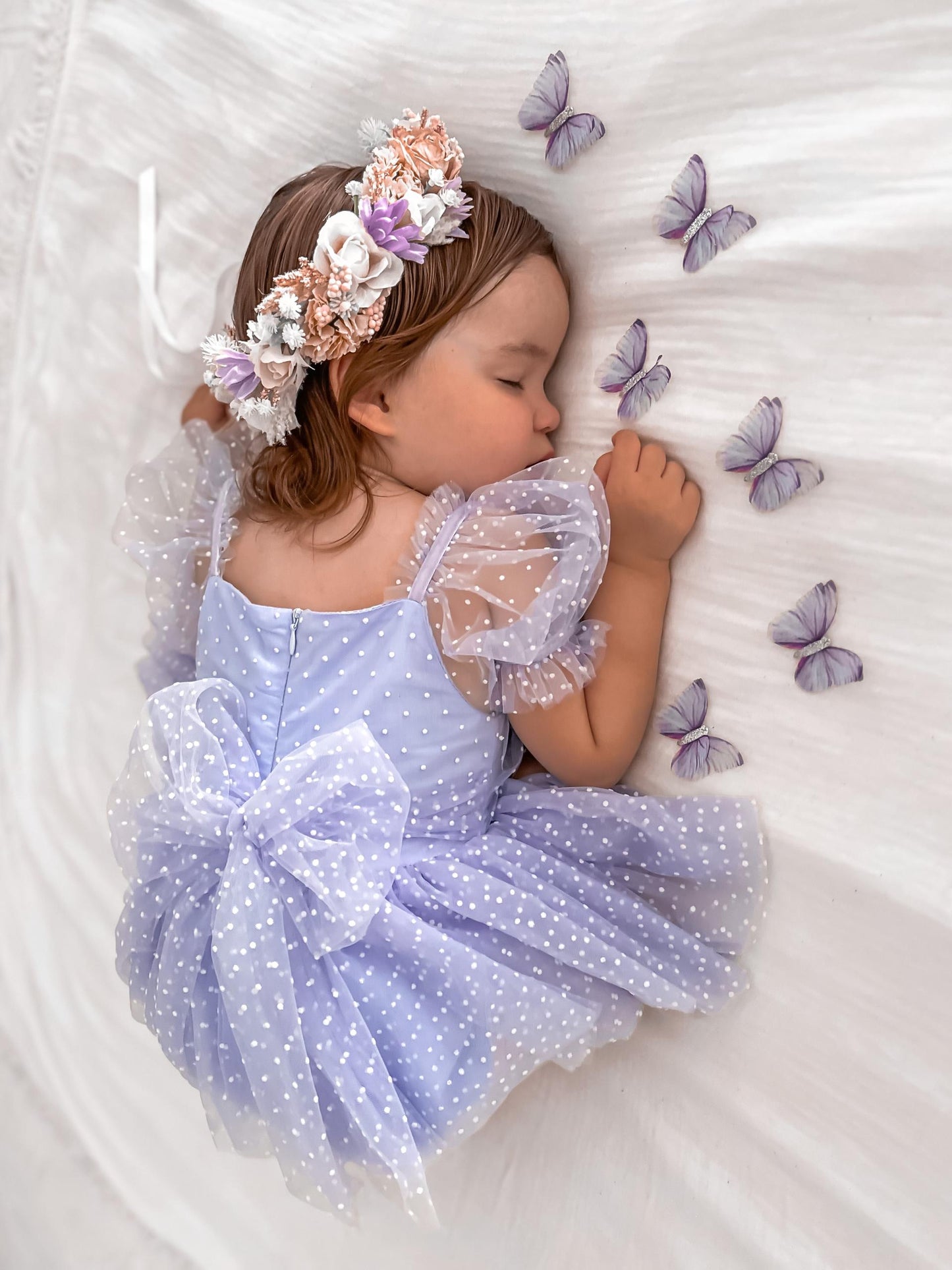 Swiss Dot Periwinkle Flower Fairy Baby Girl Tulle Party Romper