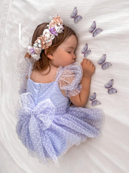 Swiss Dot Periwinkle Flower Fairy Baby Girl Tulle Party Romper