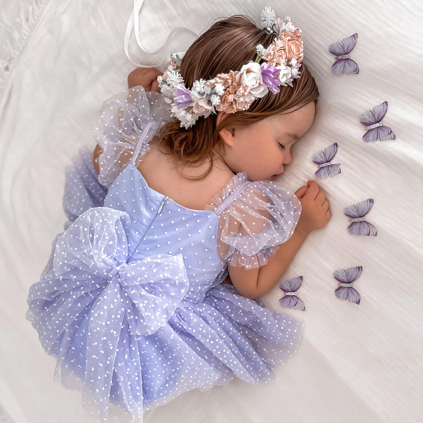 Swiss Dot Periwinkle Flower Fairy Baby Girl Tulle Party Romper