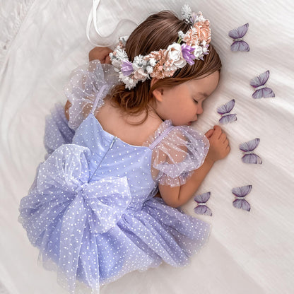 Swiss Dot Periwinkle Flower Fairy Baby Girl Tulle Party Romper