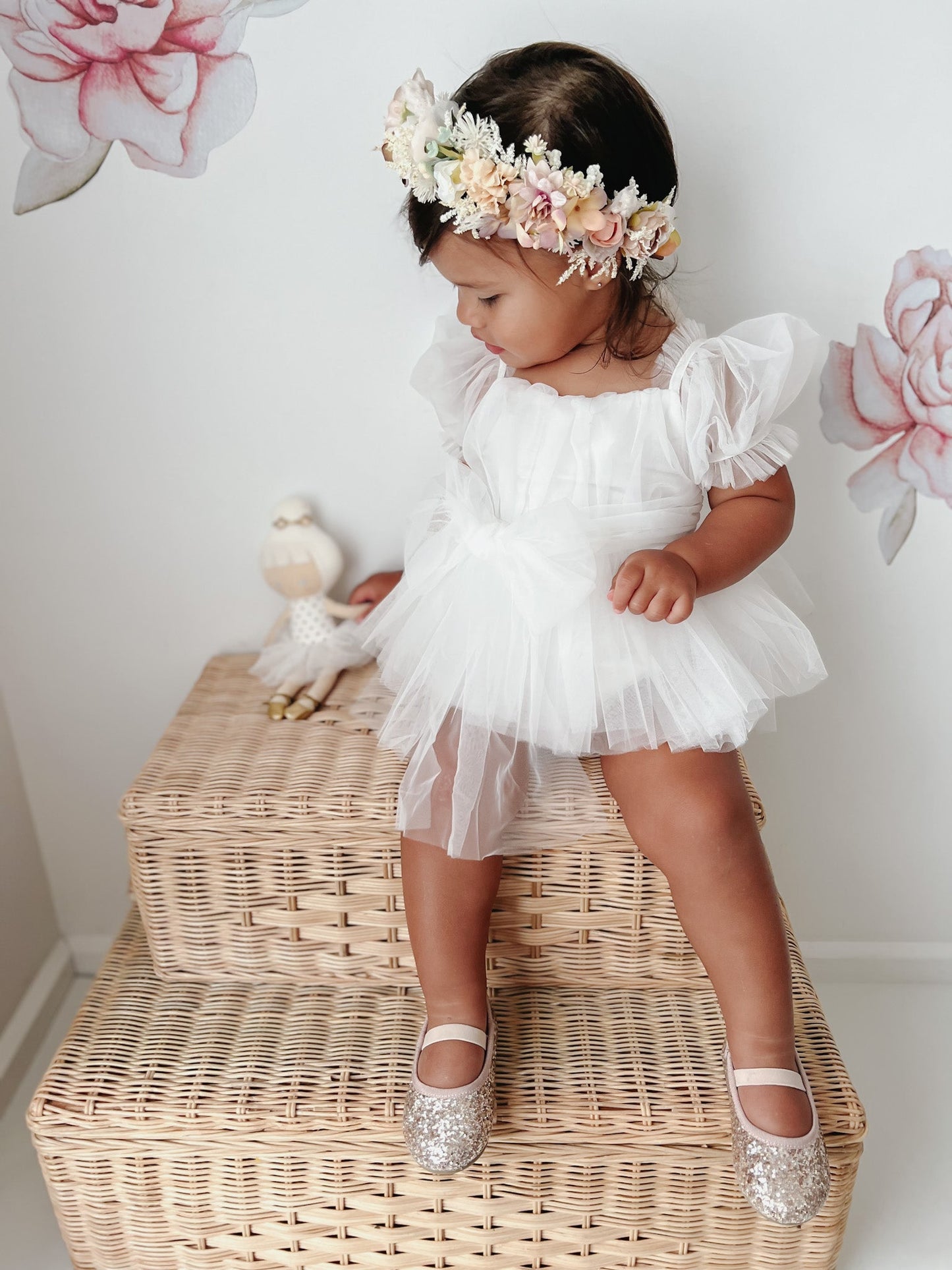White Flower Fairy Baby Girl Tulle Romper