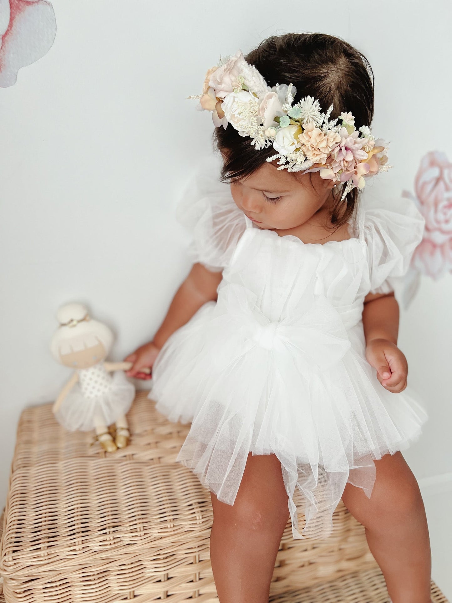 White Flower Fairy Baby Girl Tulle Romper