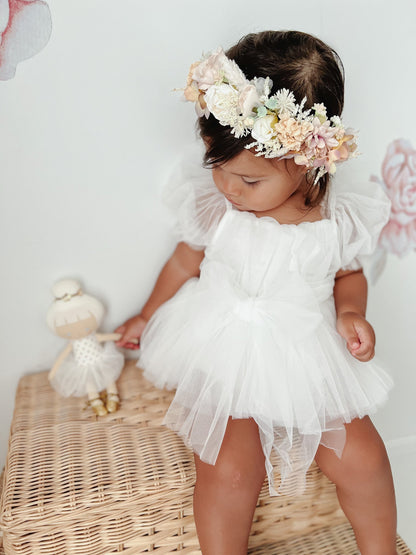 White Flower Fairy Baby Girl Tulle Romper