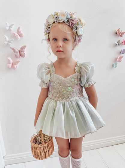 Mermaid Sequin Green Organza Baby Girl Party Romper