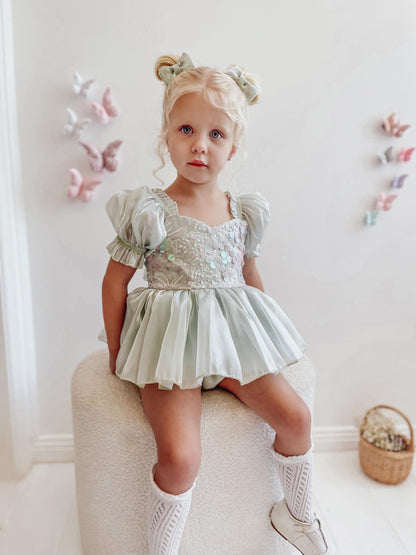 Mermaid Sequin Green Organza Baby Girl Party Romper