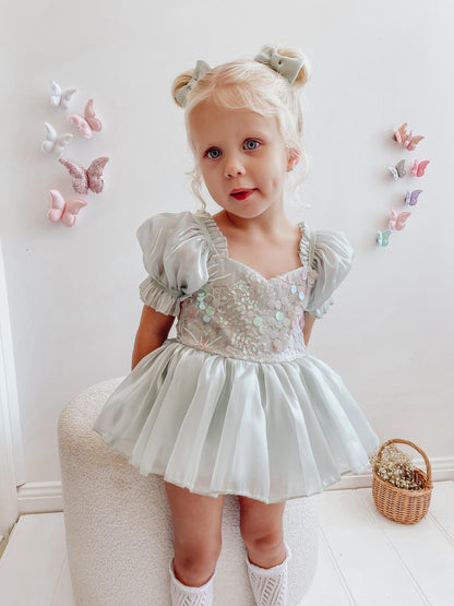 Mermaid Sequin Green Organza Baby Girl Party Romper