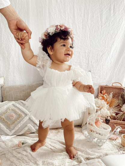 White Flower Fairy Baby Girl Tulle Romper