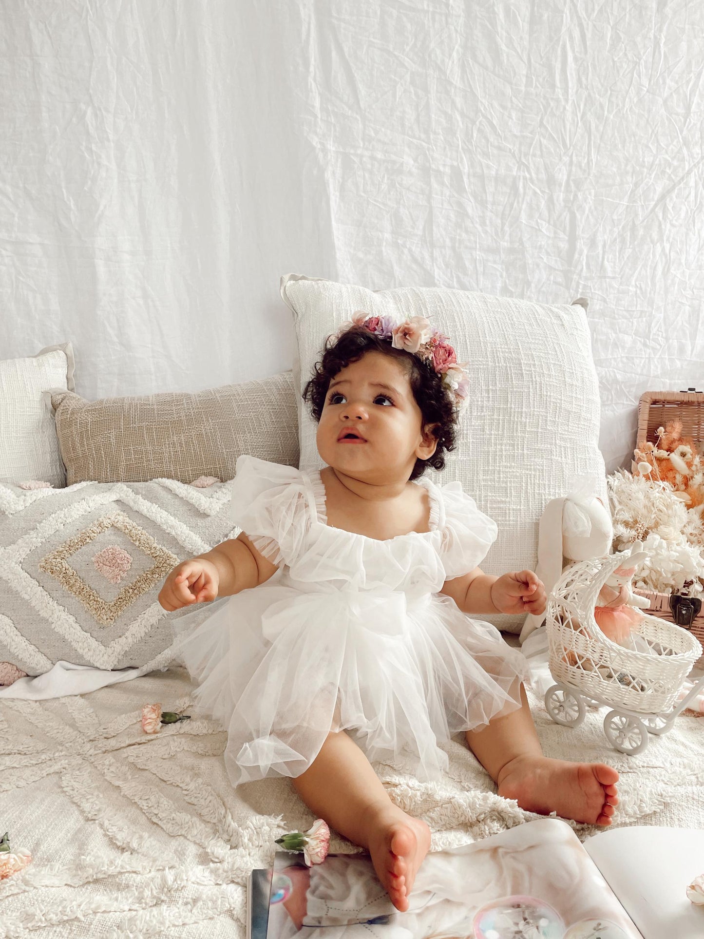 White Flower Fairy Baby Girl Tulle Romper