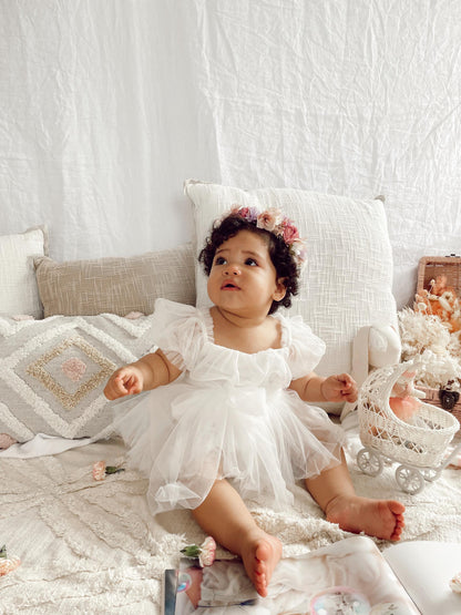 White Flower Fairy Baby Girl Tulle Romper