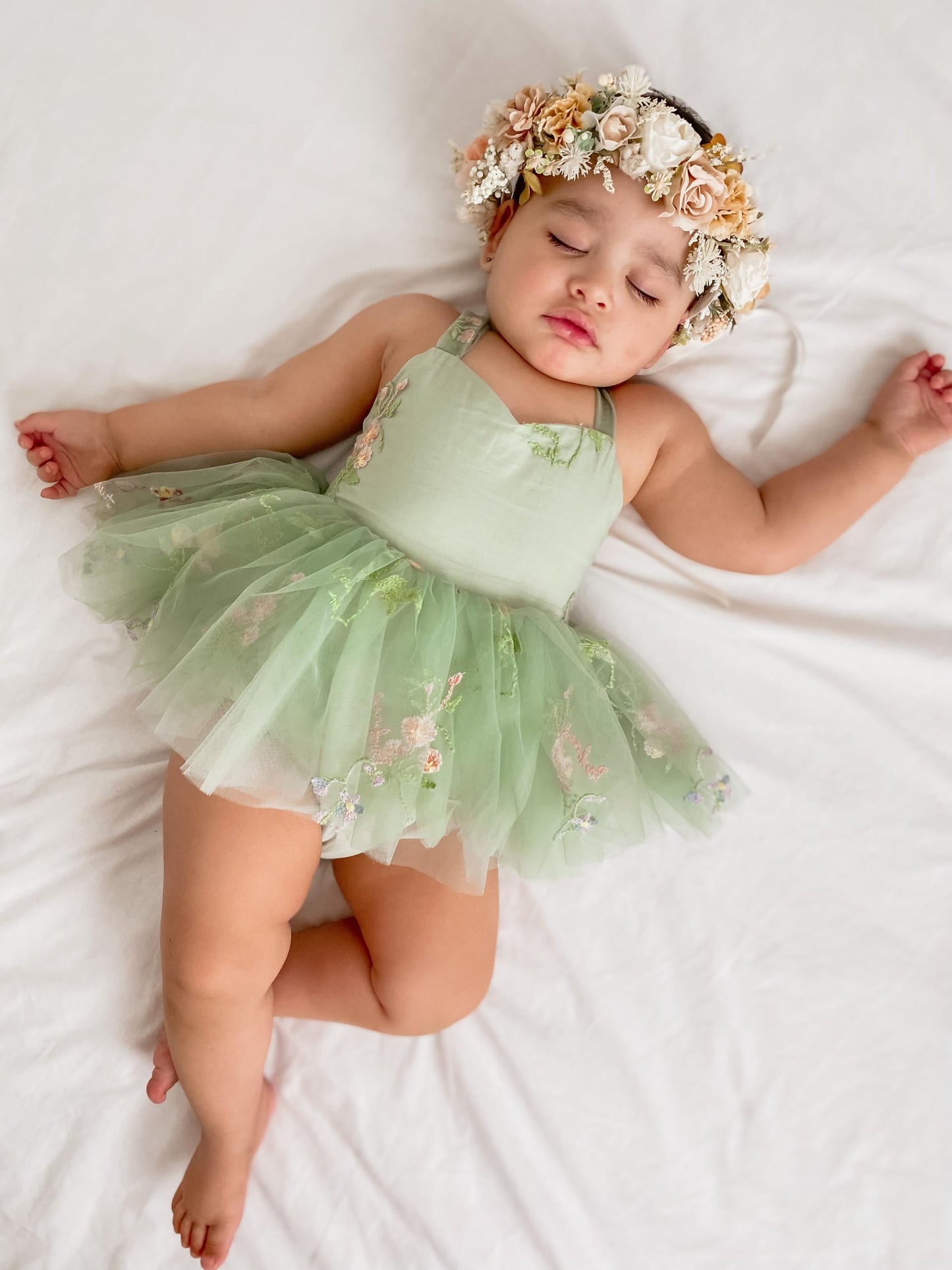 Sugar Plum Forest Green Baby Girl Tulle Party Romper