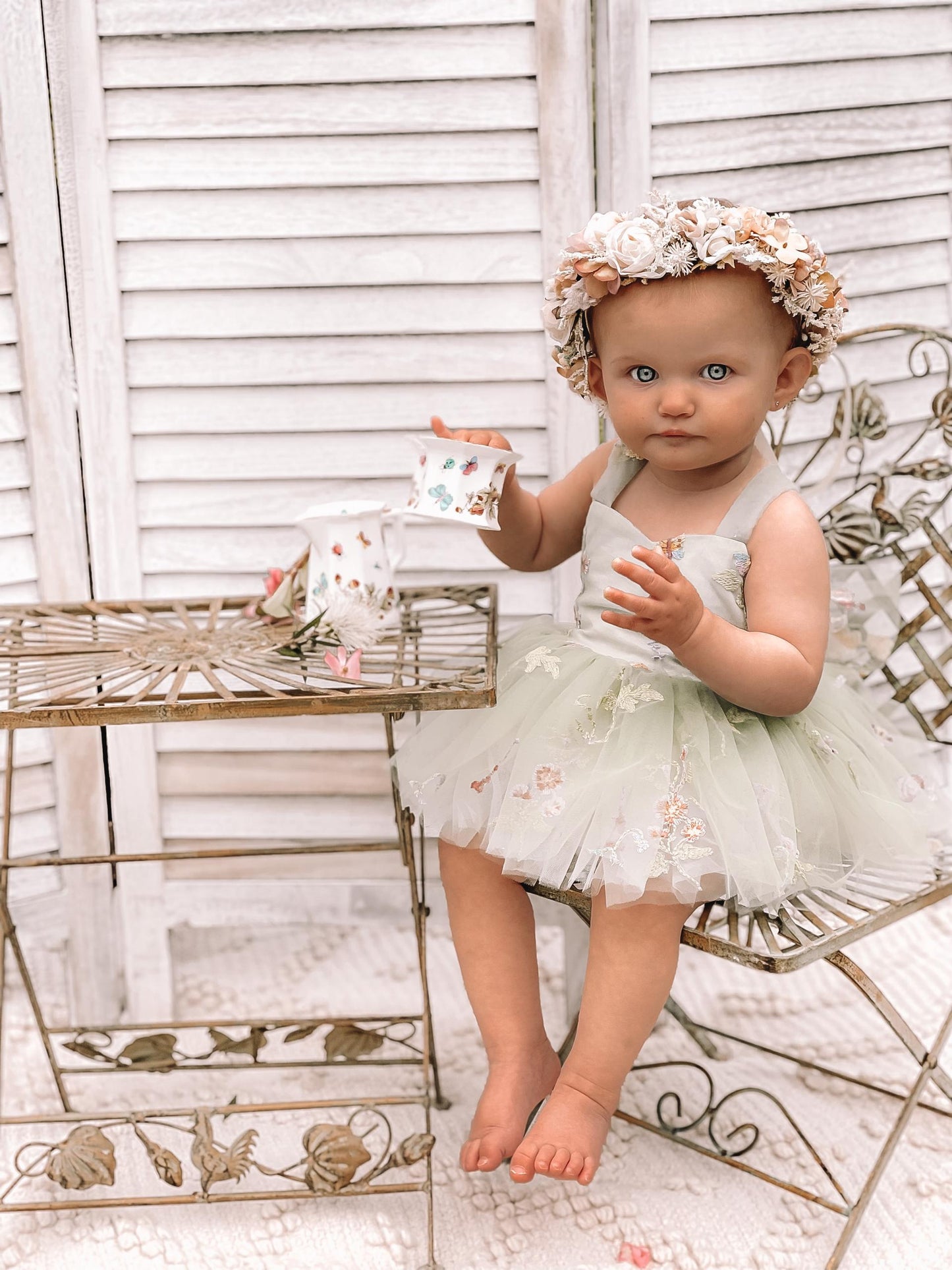 Sugar Plum Forest Green Baby Girl Tulle Party Romper
