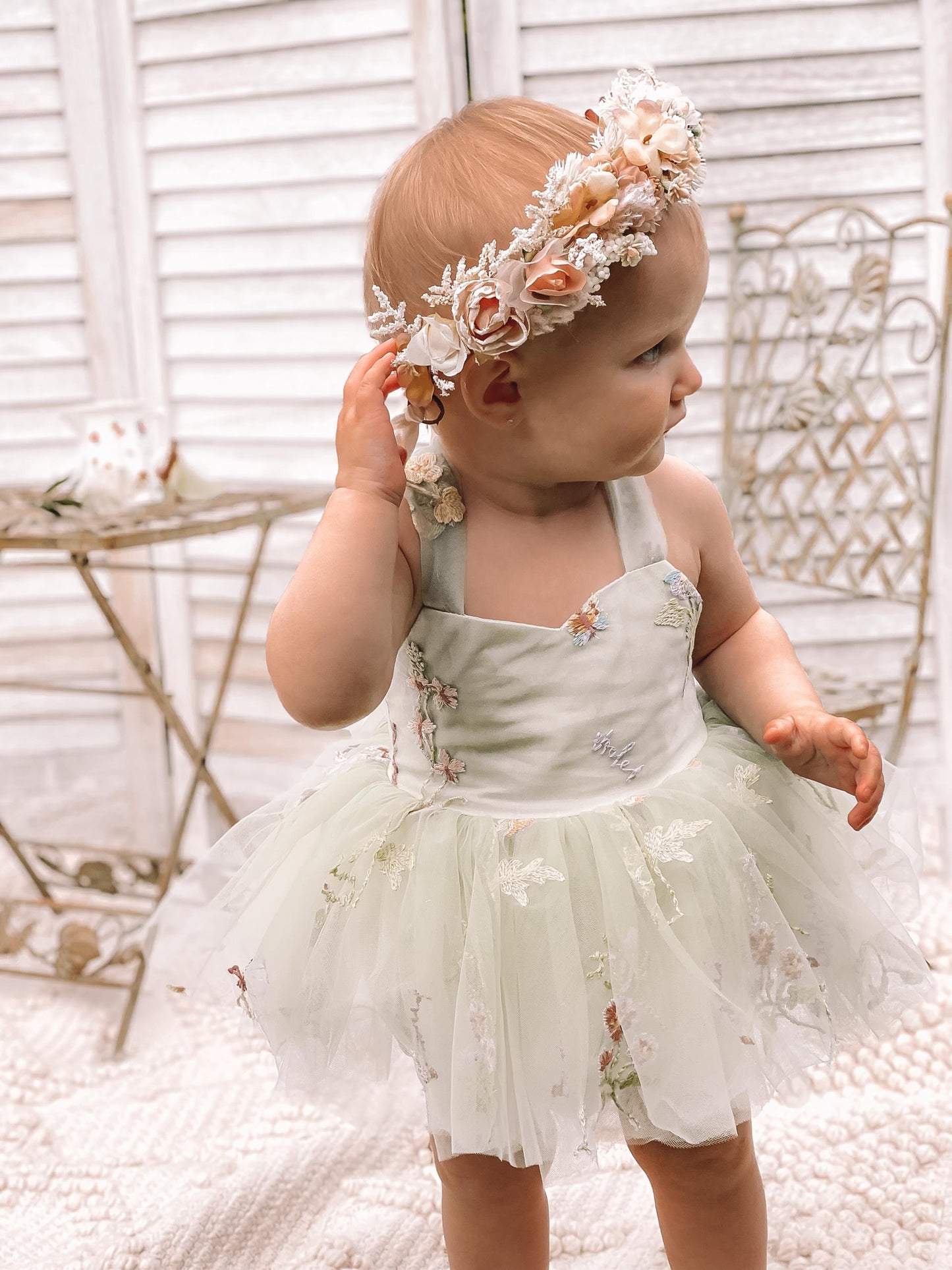 Sugar Plum Forest Green Baby Girl Tulle Party Romper