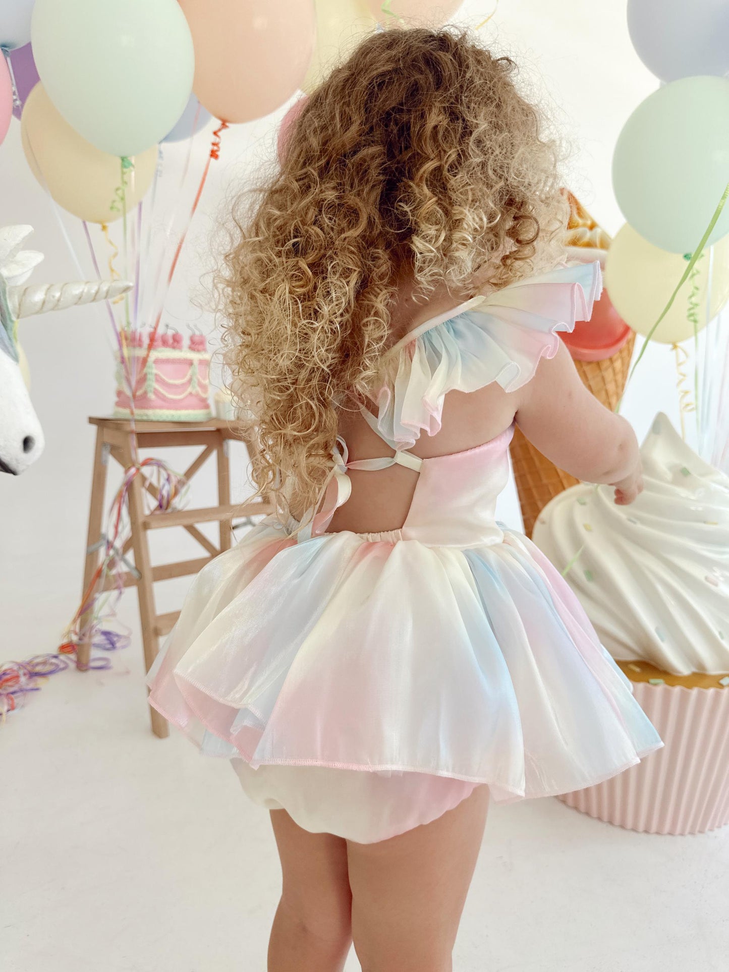 Lolly Pastel Rainbow Organza Baby Girl Party Romper