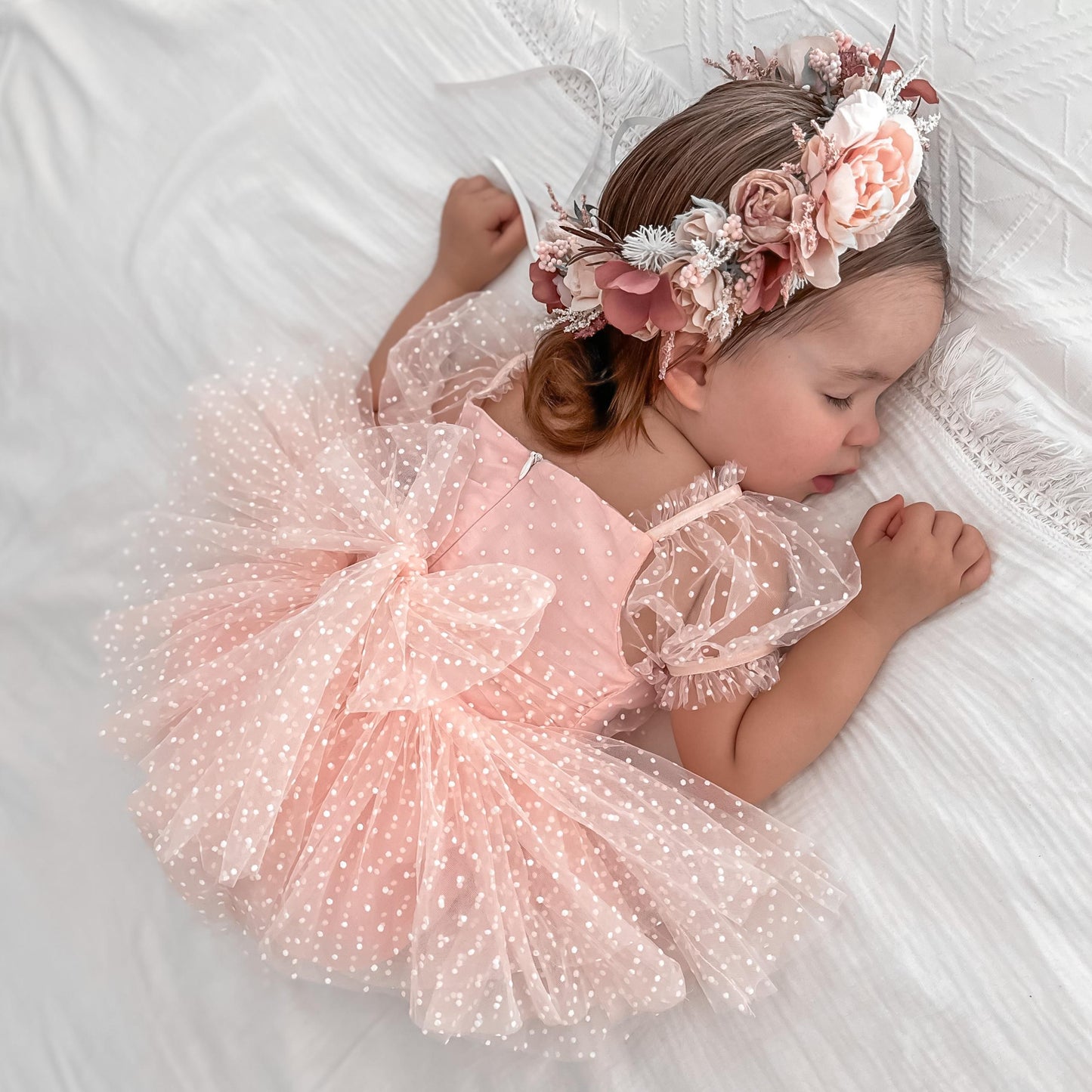 Swiss Dot Pink Rose Flower Fairy Baby Girl Tulle Party Romper
