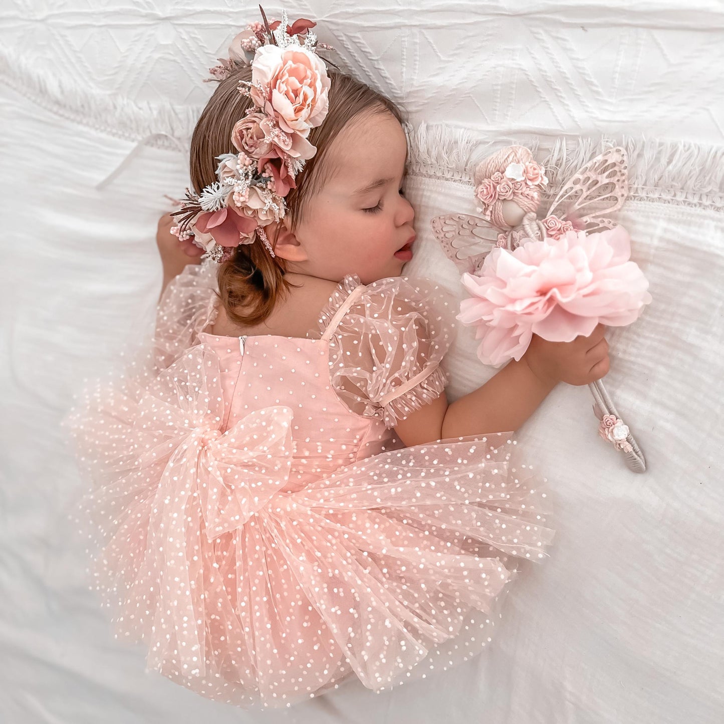 Swiss Dot Pink Rose Flower Fairy Baby Girl Tulle Party Romper