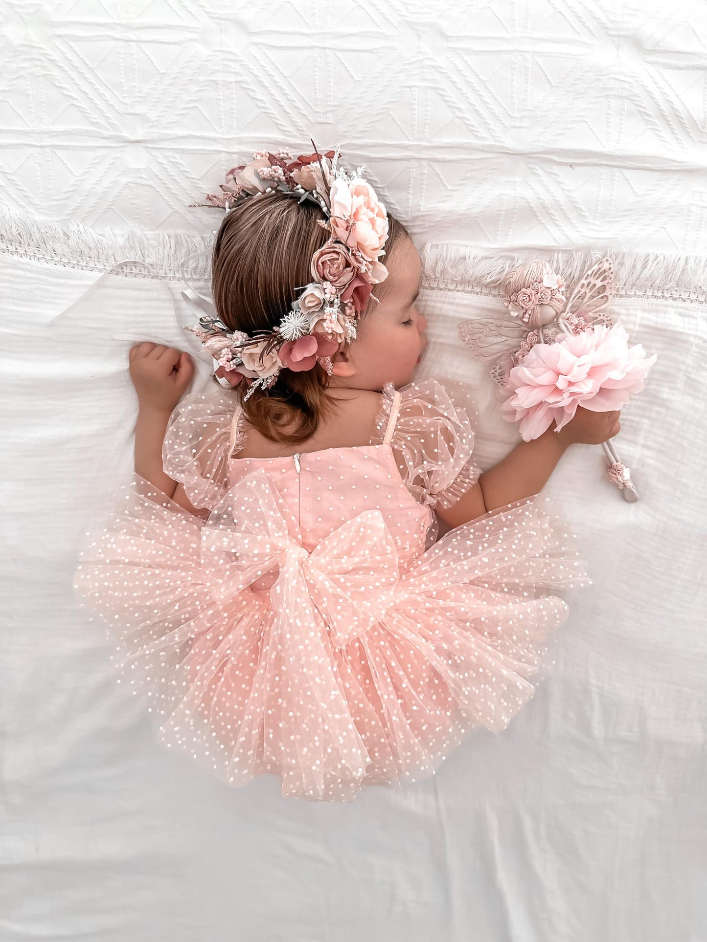 Swiss Dot Pink Rose Flower Fairy Baby Girl Tulle Party Romper
