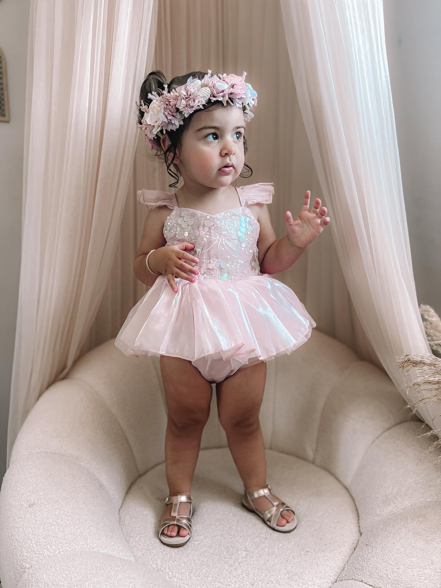 Mermaid Sequin Pink Organza Baby Girl Party Romper