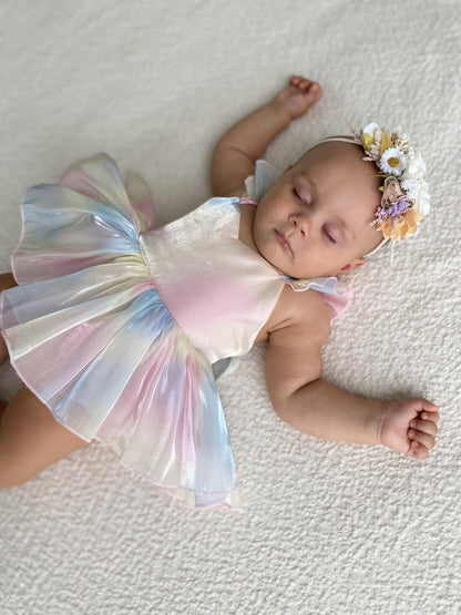 Lolly Pastel Rainbow Organza Baby Girl Party Romper