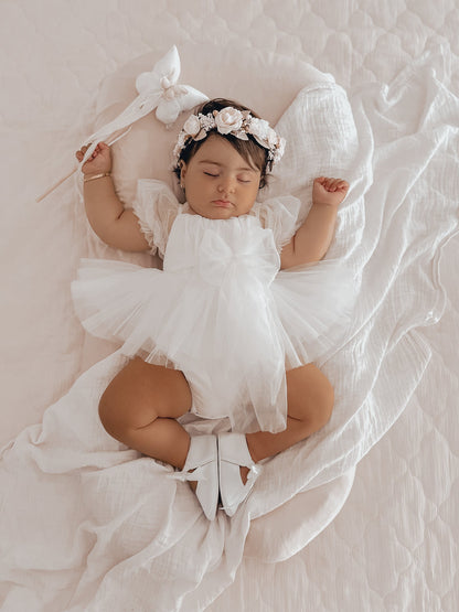 White Flower Fairy Baby Girl Tulle Romper
