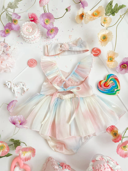 Lolly Pastel Rainbow Organza Baby Girl Party Romper