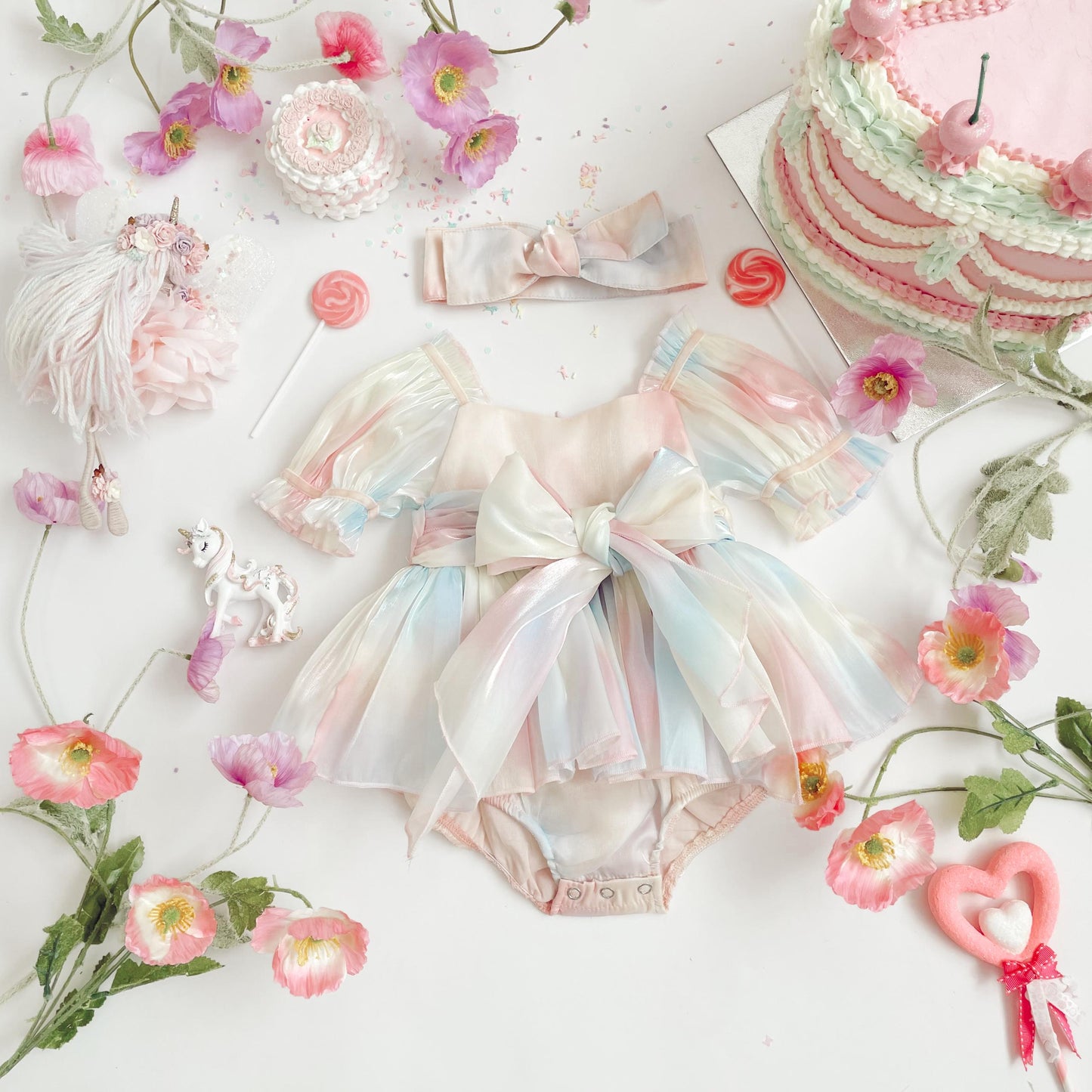 Sherbet Fairy Pastel Rainbow Organza Baby Girl Party Romper