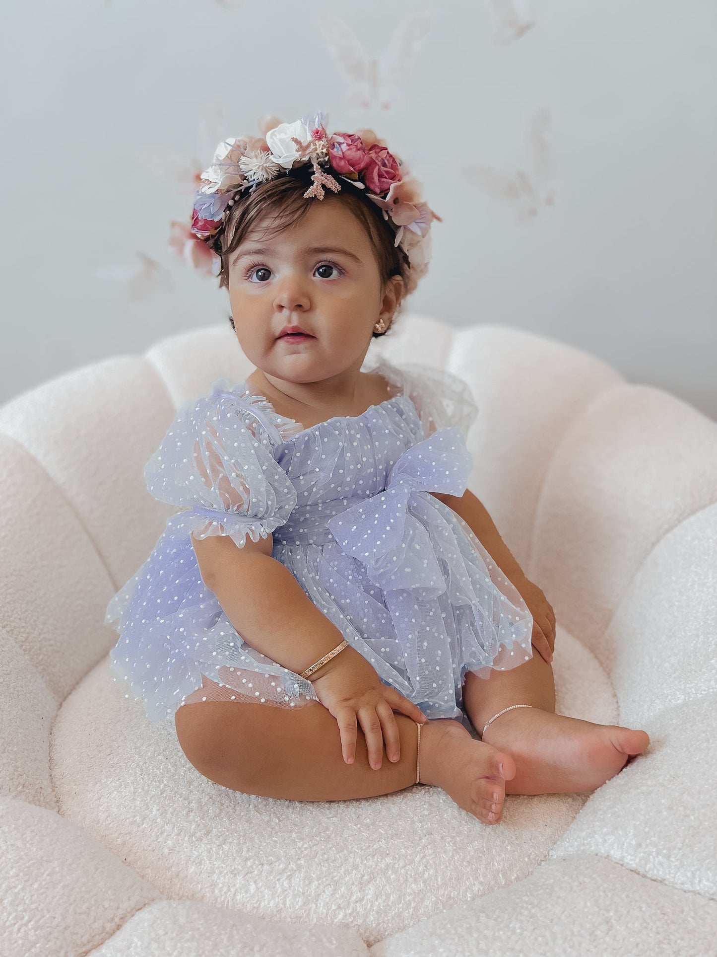 Swiss Dot Periwinkle Flower Fairy Baby Girl Tulle Party Romper