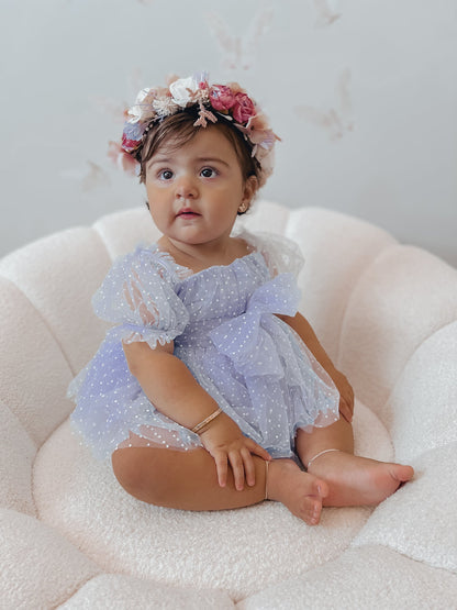 Swiss Dot Periwinkle Flower Fairy Baby Girl Tulle Party Romper