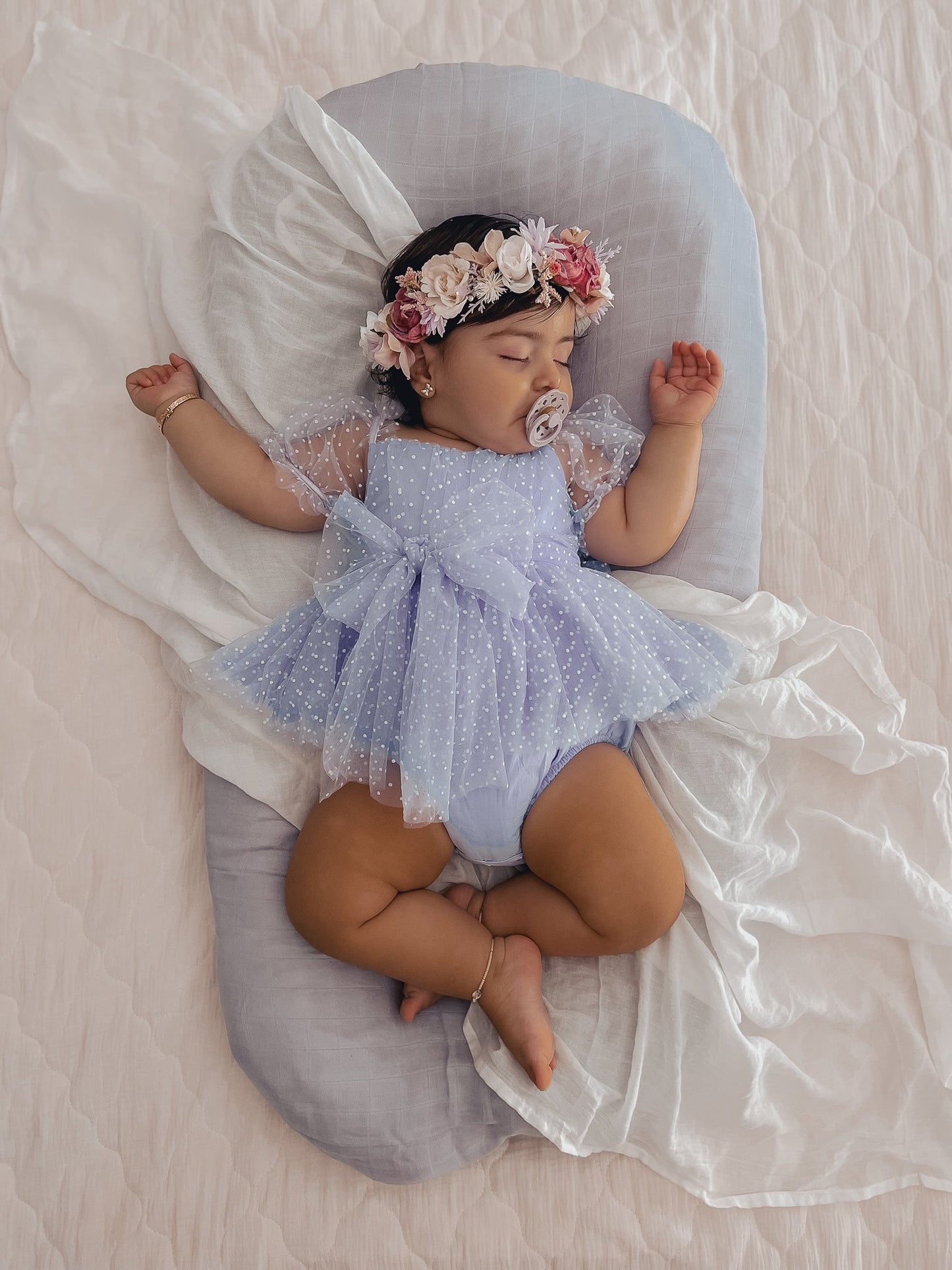 Swiss Dot Periwinkle Flower Fairy Baby Girl Tulle Party Romper
