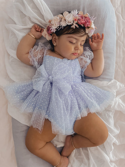 Swiss Dot Periwinkle Flower Fairy Baby Girl Tulle Party Romper