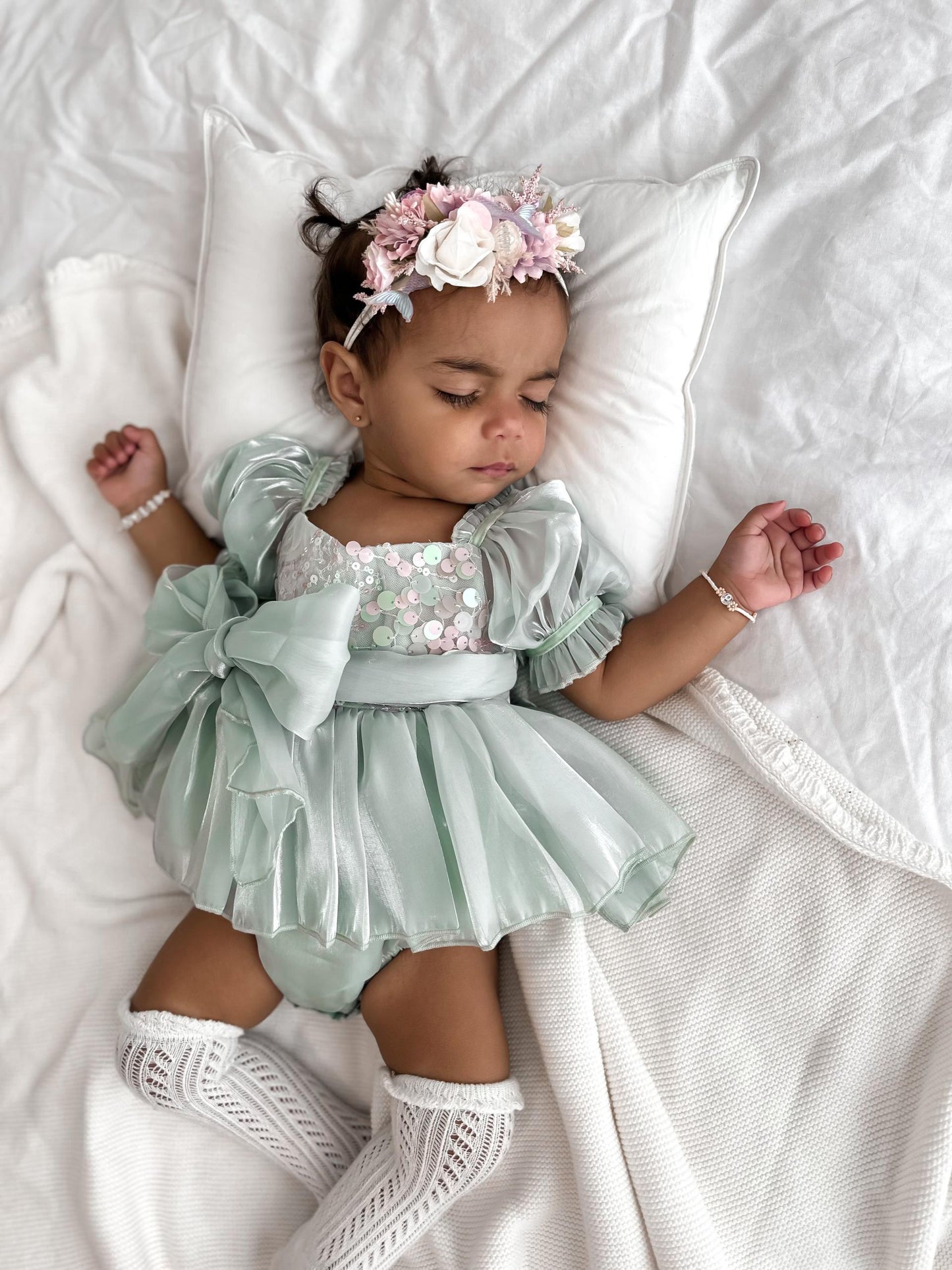 Mermaid Sequin Green Organza Baby Girl Party Romper