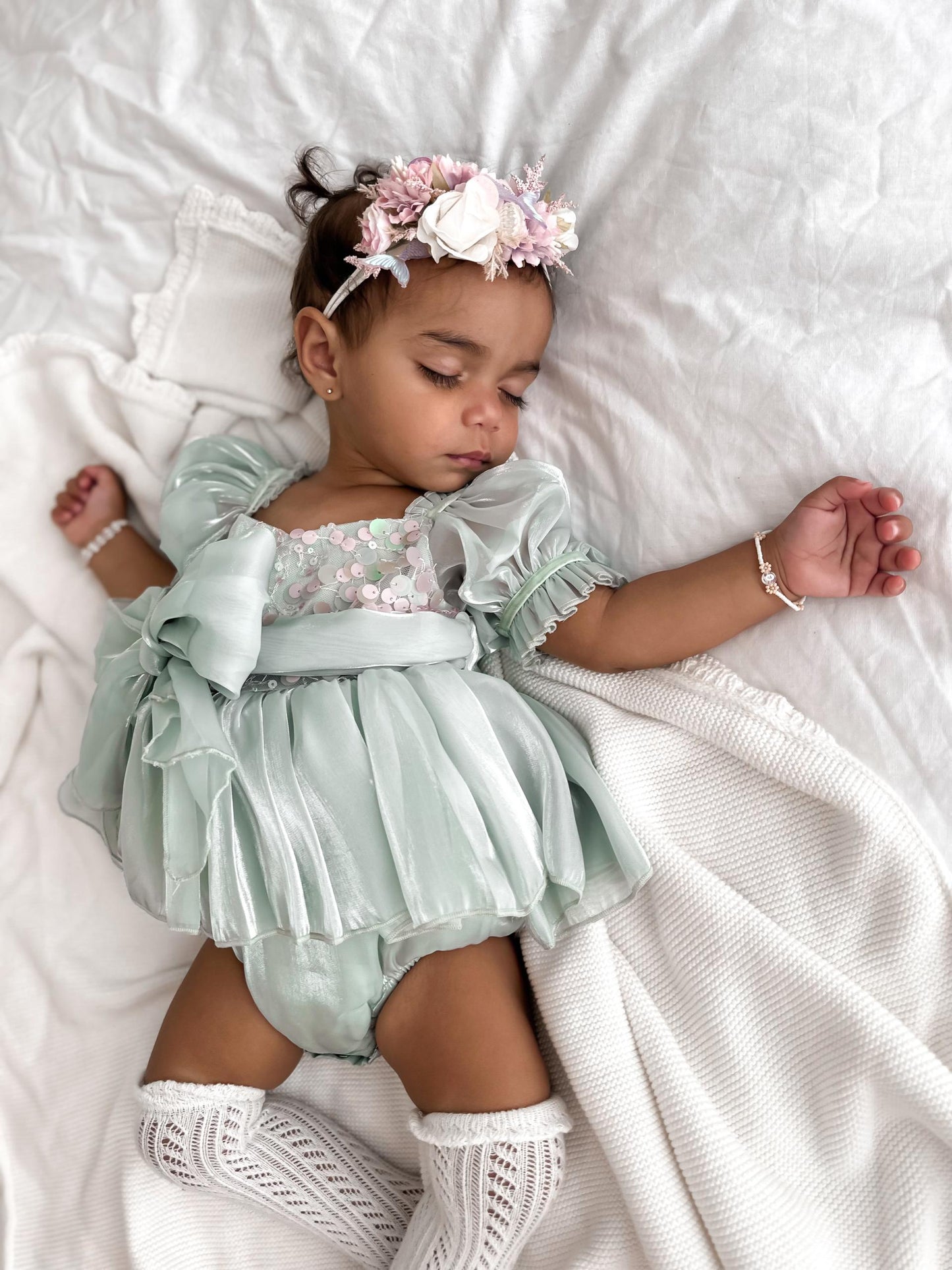 Mermaid Sequin Green Organza Baby Girl Party Romper