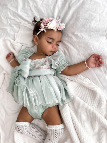 Mermaid Sequin Green Organza Baby Girl Party Romper