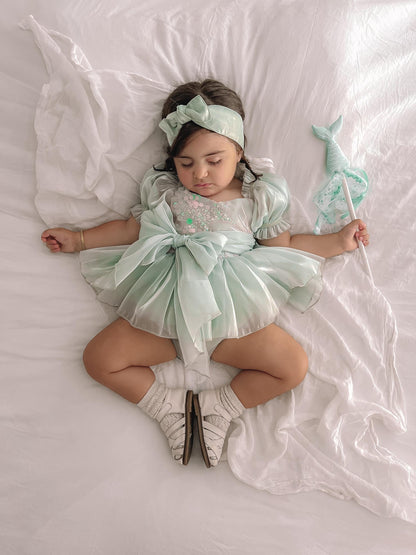 Mermaid Sequin Green Organza Baby Girl Party Romper