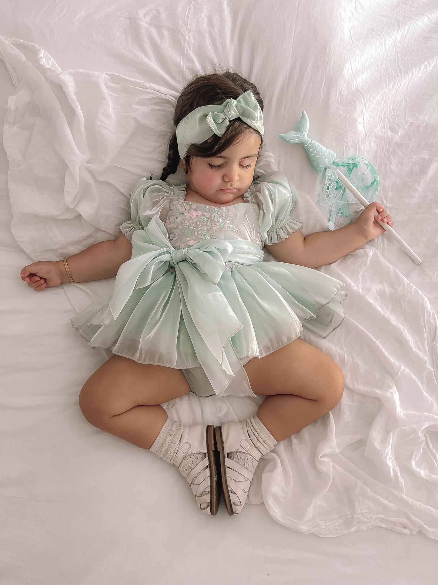 Mermaid Sequin Green Organza Baby Girl Party Romper