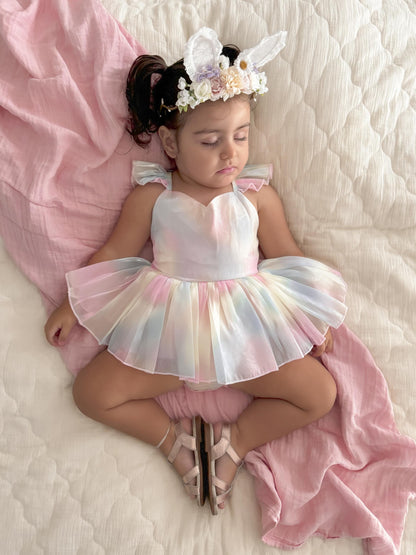 Lolly Pastel Rainbow Organza Baby Girl Party Romper
