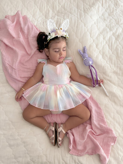 Lolly Pastel Rainbow Organza Baby Girl Party Romper