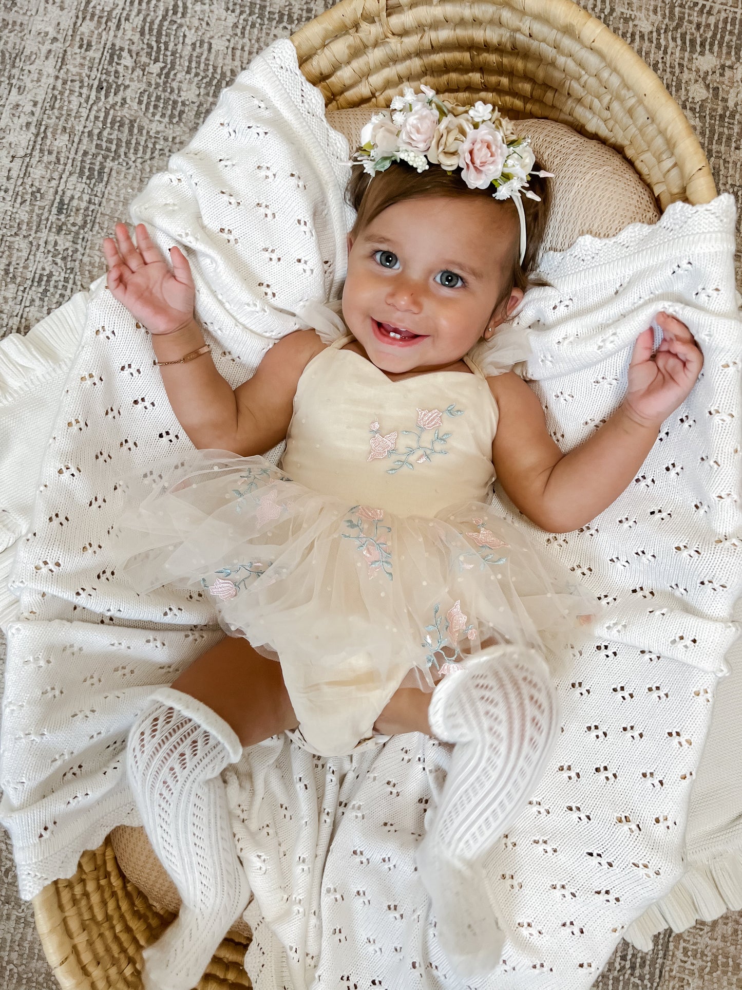 The Rose Champagne Embroidered Baby Girl Tulle Party Romper