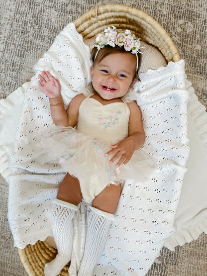 The Rose Champagne Embroidered Baby Girl Tulle Party Romper