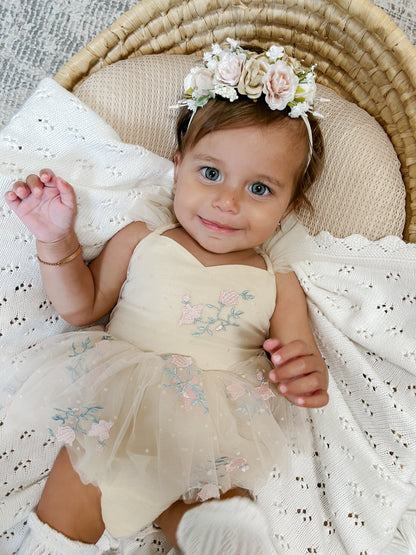 The Rose Champagne Embroidered Baby Girl Tulle Party Romper