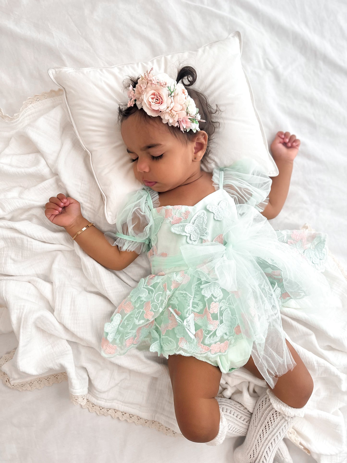 Butterfly Kisses Peppermint Pink Embroidered Baby Girl Tulle Party Romper