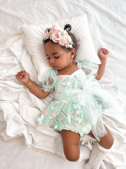 Butterfly Kisses Peppermint Pink Embroidered Baby Girl Tulle Party Romper