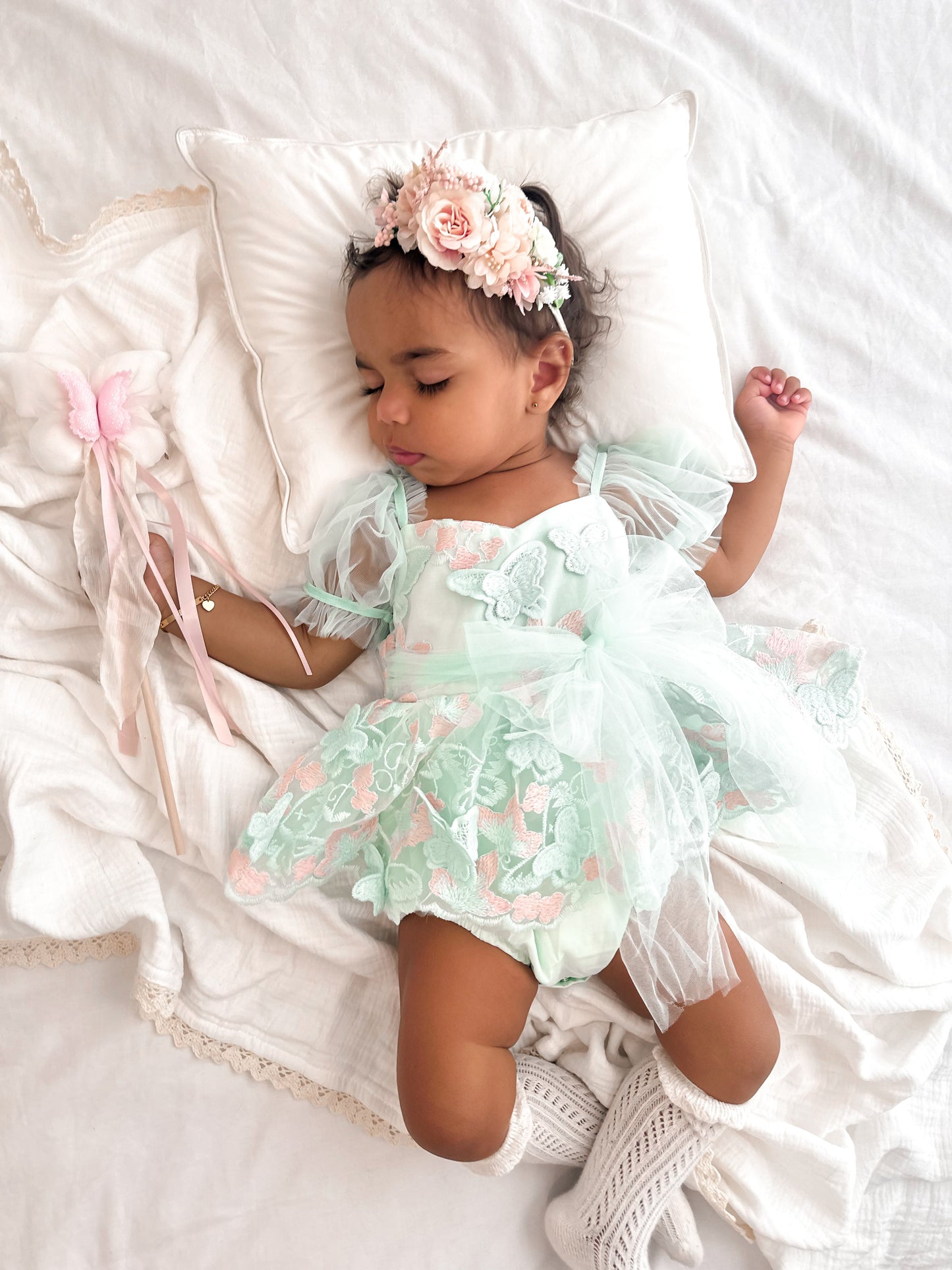 Butterfly Kisses Peppermint Pink Embroidered Baby Girl Tulle Party Romper