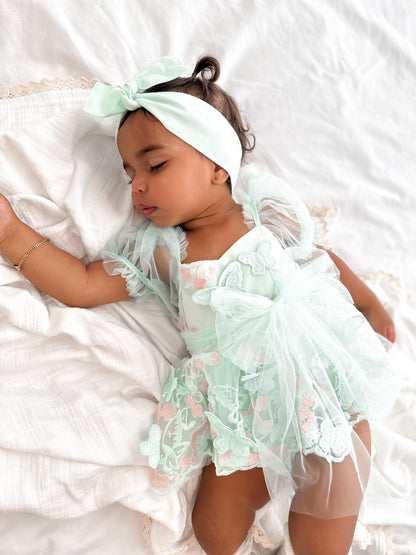 Butterfly Kisses Peppermint Pink Embroidered Baby Girl Tulle Party Romper