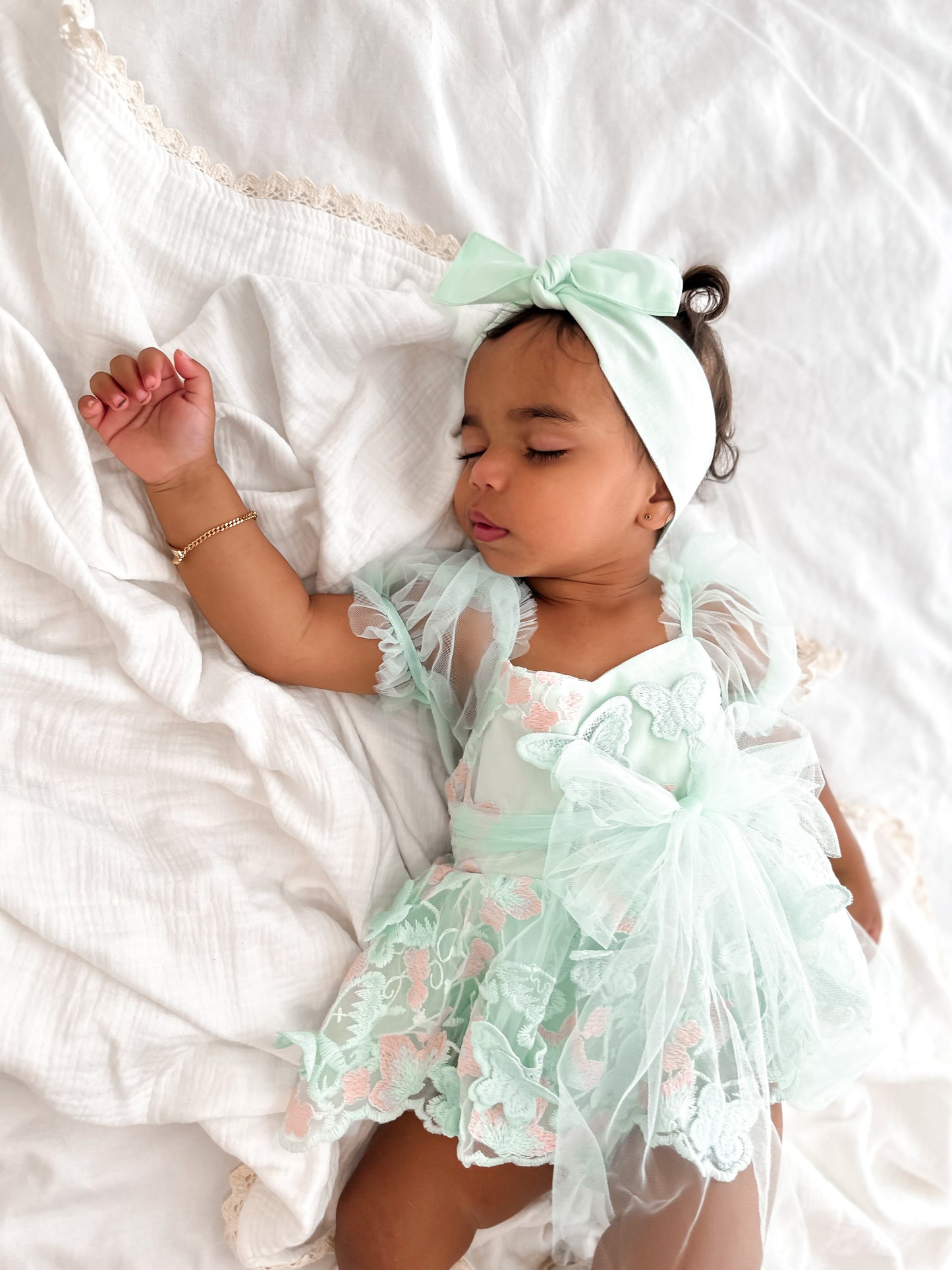 Butterfly Kisses Peppermint Pink Embroidered Baby Girl Tulle Party Romper